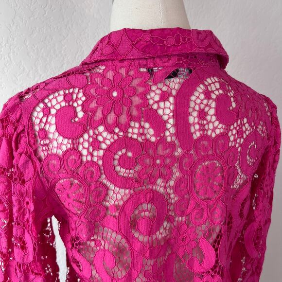 Saks Fifth Avenue Lace Button Up Collared Shirt Sheer 3/4 Sleeve Small Pink - Picture 10 of 13